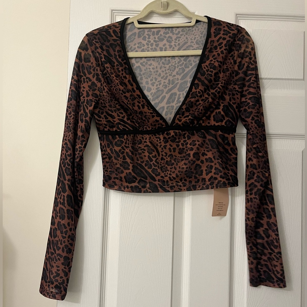 SHEIN Brown Leopard Long Sleeve V-Neck Top